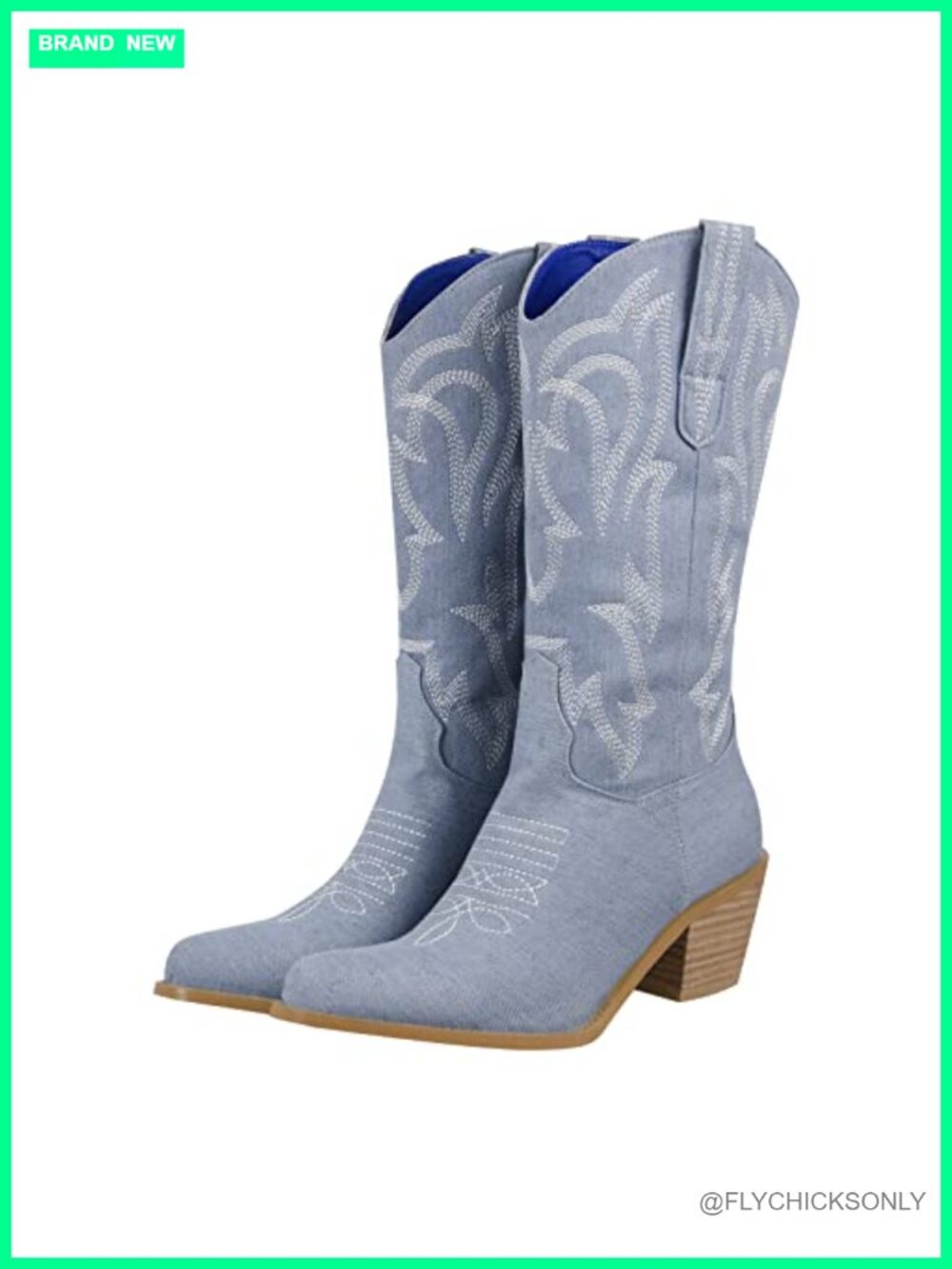 Women's Embroidered Western Cowboy Boots Pull On Mid Calf Stacked Heel